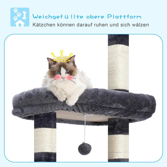 Котячий будиночок Hey-brother Kratzbaum: регульований котячий комплекс 250-280 см, до стелі, для великих котів, з гніздом, сірий (0MPJ091W)