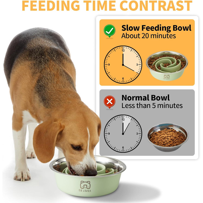 Миска для собак 2 в 1 Slow Feeder, нержавіюча сталь Bestalk, з вставкою Slow Feeder з силікону, 304, миска для води та їжі з антиковзним дном, для маленьких, середніх та великих собак (5 чашок, зелена)