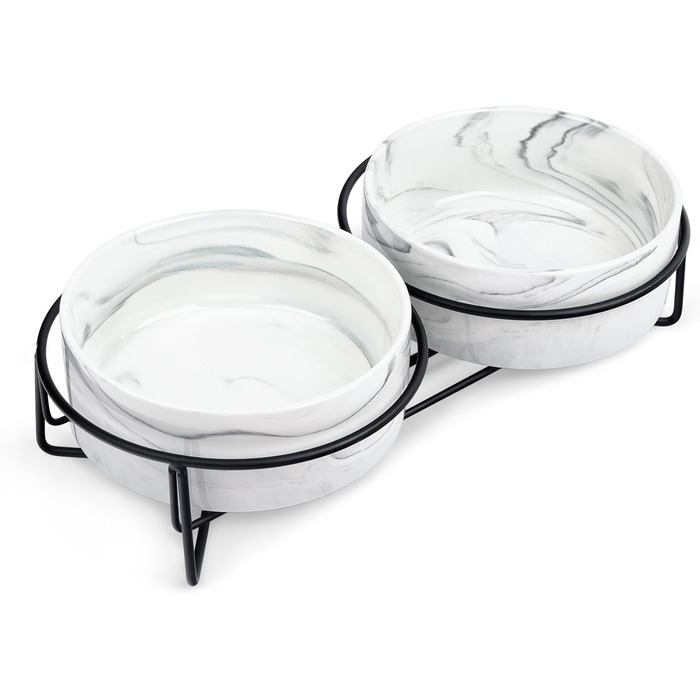 Набір мисок для собак та котів Fanquare з кераміки, сірий мармур, чорний металевий каркас, 400 мл