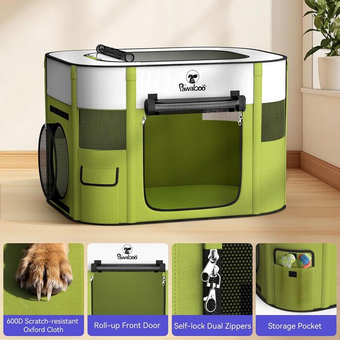 Pawaboo Зручний портативний вольєр для тварин, складаний вольєр для собак з водонепроникного оксфорду, клітка для котів з сумкою, мискою, для цуценят, котів, кроликів, для використання в приміщенні та на вулиці, зелений, M-80×60×55см, (2-в-1 вольєр, A-Біл