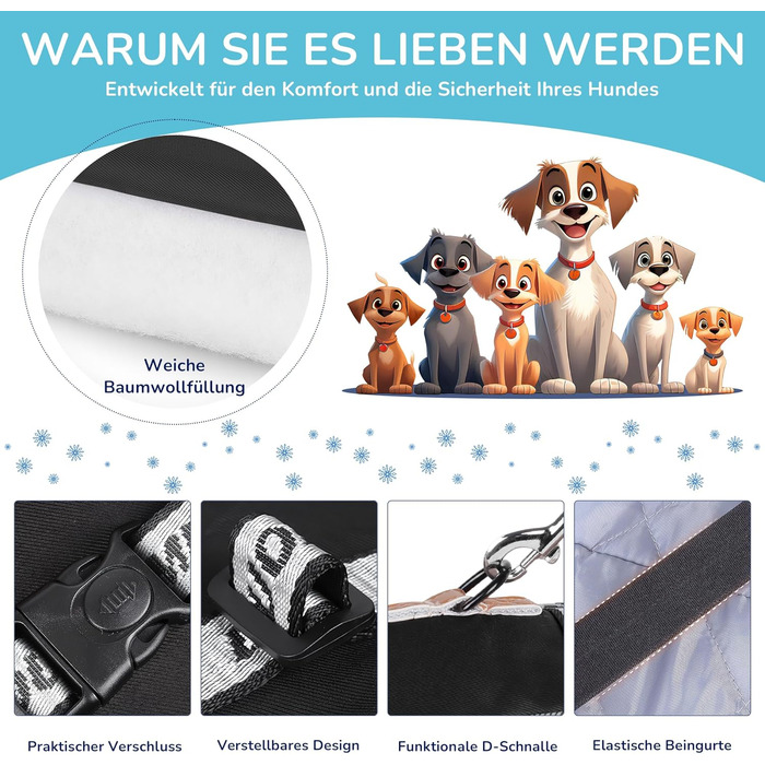 Зимовий теплий одяг для собак ALLSOPETS з відбиваючими елементами, чорного кольору, розмір 2XL. Вітронепроникна куртка для великих та середніх собак з регульованим поясом та кільцем для повідка.