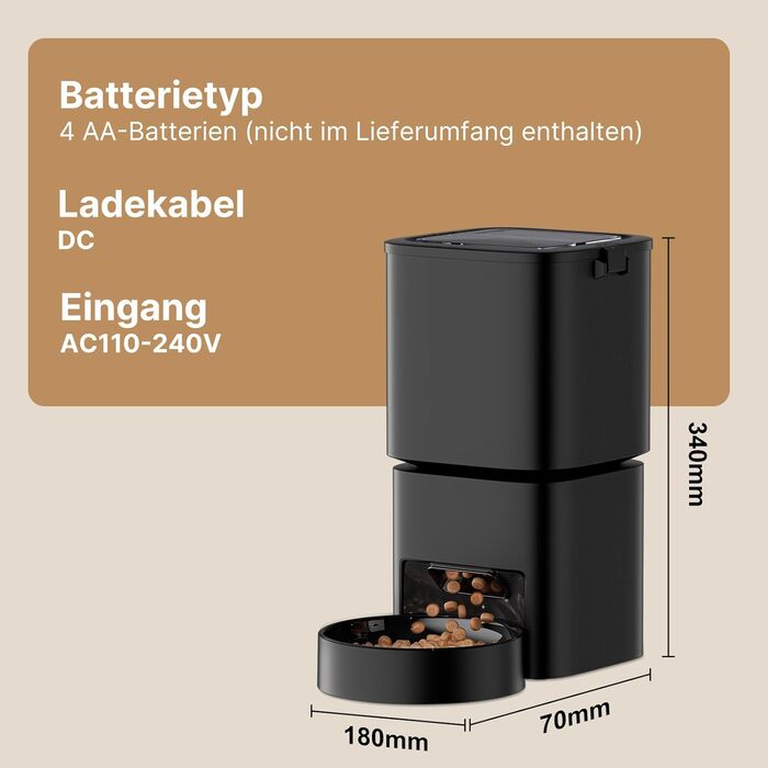 Автоматичний годівниця для котів та собак, 5л, WiFi, керування через додаток, 1-10 прийомів їжі на день, чорний