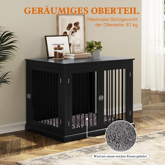 Клітка для собак HOLTICO, чорна, велика (L) з м'яким лежанком, для дому, з відкидним верхом, стильна, міцна