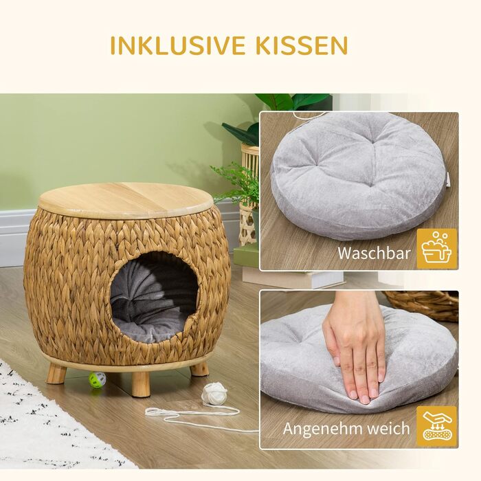 Котяча хатинка Pawhut з ротангу 2-в-1, кошик з подушкою, ліжко для котів і тварин, водяна гіацинта, дерево павловнії, світло-коричневий+сірий, 44x43x42 см
