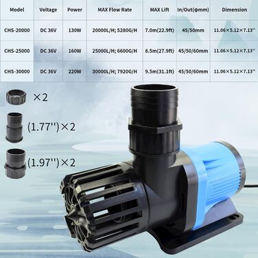Енергоощадний занурювальний насос для ставка 6600GPH 160Вт 36В CHS-25000, висота подачі 8.5 м, для фонтану, акваріуму, солоної води, кисневого насичення, розведення риби, NdFeB магніт, гарантія