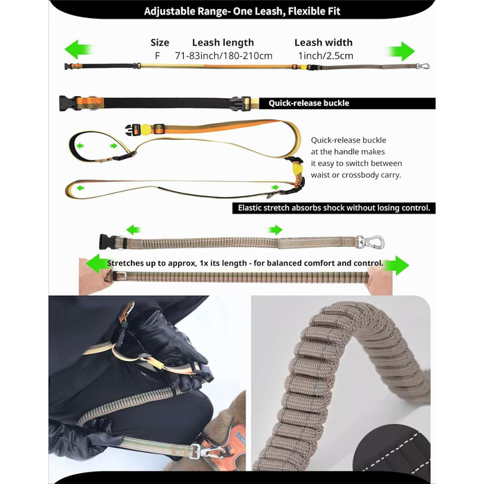 EVERKING 6-в-1 повідок для собак з живітним ременем – повідь для бігу та прогулянок, з двома ручками, антишокова пружина, кріплення для авто, альтернатива шлейці (Блакитний, Сірий, Блакитний, Хакі)