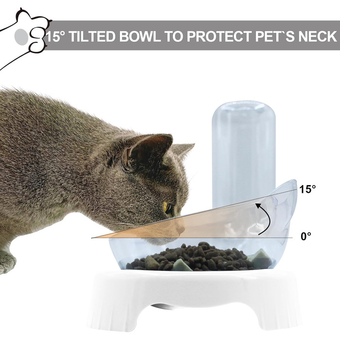 Набір мисок для котів та собак 2 в 1 з диспенсером для води, ковзаючою підкладкою та лопаткою. Нахил 15°, миски для сухого та вологого корму, білий колір