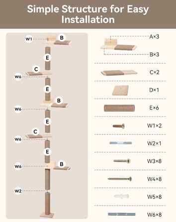 Кігтеточка PawGiant з 5 ярусів, кріпиться до стіни, 213 см, з сизалю, платформами, для котів середніх розмірів