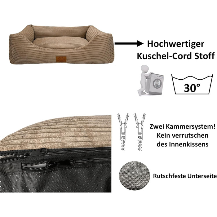 Ортопедичне ліжко для собак Elropet з м'якого корду, кошик для собак XS/S/M/L/XL/XXL (145x110x30 см), Cappuccino
