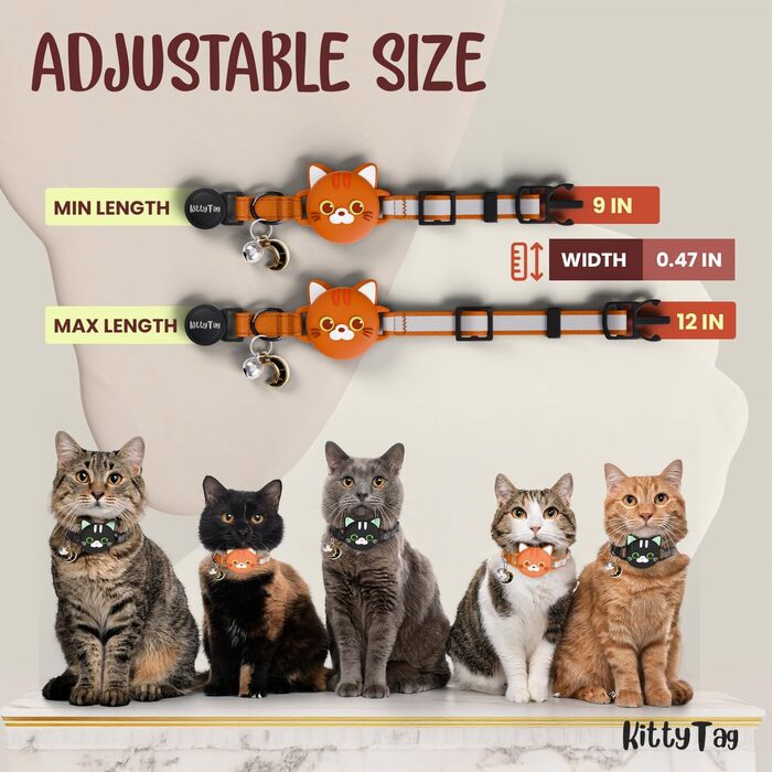 Нашийник для котів KittyTag з аксесуарами, сумісний з Apple Airtag, світловідбиваючий та світосвітлий, GPS, з захистом від задушення, регульований, оранжевий (Airtag не входить до комплекту)