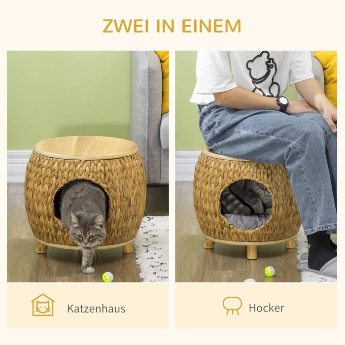 Котяча хатинка Pawhut з ротангу 2-в-1, кошик з подушкою, ліжко для котів і тварин, водяна гіацинта, дерево павловнії, світло-коричневий+сірий, 44x43x42 см