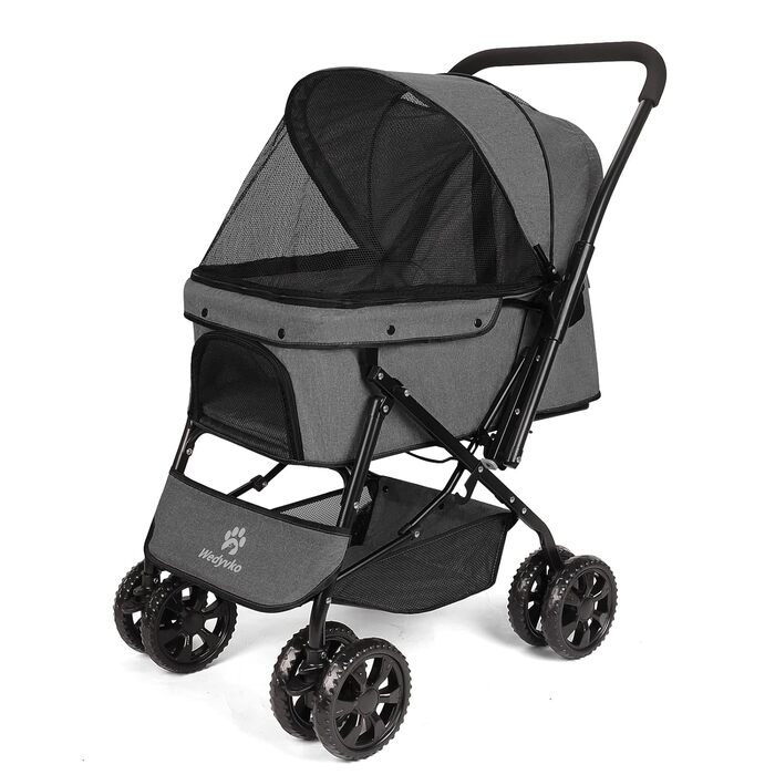 Візок для собак Wedyvko до 20 кг, 4 колеса, складний, для маленьких та середніх собак та котів, з кошиком для зберігання та тримачем для напоїв, зелений (A-темно-сірий)