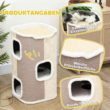 PawHut Котячий драпак-стілець 3 рівні, котячий будинок, меблі для котів, ДСП, плюш, сизаль, бежево-білий, 40x40x74 см