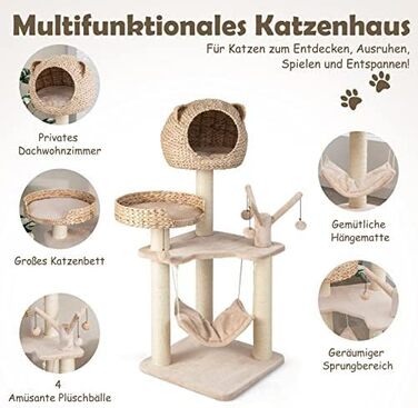 Кігтеточка FANTASK з будиночком, 121 см, кігтеточка з гамаком та 4 м'ячиками, ліжко для котів, кігтеточний комплекс