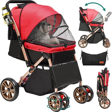 Візок для собак та котів YITAHOME, 22 кг, складання, з кошиком для зберігання, поворотні колеса, сітчасті вікна та двері (Червоний)