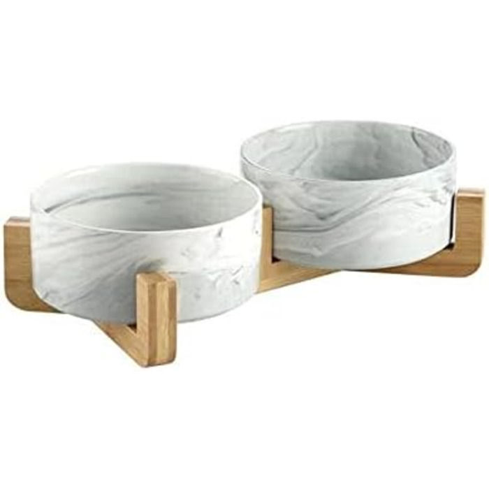Миски для собак SP SEMPRE з кераміки з бамбуковими підставками, набір з двох мисок (13,5 см, білий мармур)