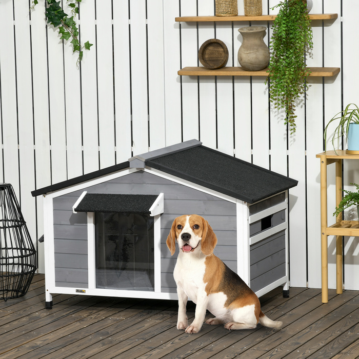 PawHut Fir Wood Dog Fornel Атмосферостійка будка для собаки з відкривається асфальтовим дахом і знімним дном сірого кольору 109x79x72см для великих собак