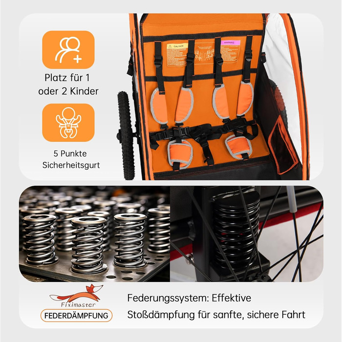 Дитячий велопричіп 2в1 з функцією коляски та бігуна, амортизація, регульована ручка-штовхач та гальма, для 1-2 дітей, до 40 кг (Помаранчевий)