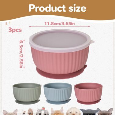 Набір мисок для котів та маленьких собак з силікону (3 шт) з кришками, неслизькі, для мікрохвильовки та посудомийної машини, смугастий дизайн