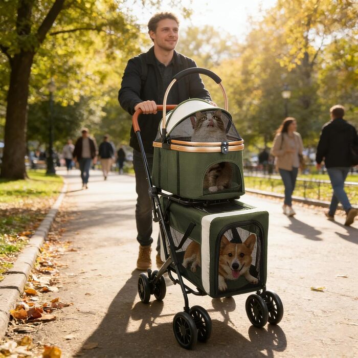 Дитяча коляска для тварин, бугі, складна, для собак та котів, з дихаючого мережива + водонепроникний оксфорд 300D + 4 колеса, переносна сумка для собак, складна до 20 кг (92 x 56 x 33 (зелений, 97*58*46))