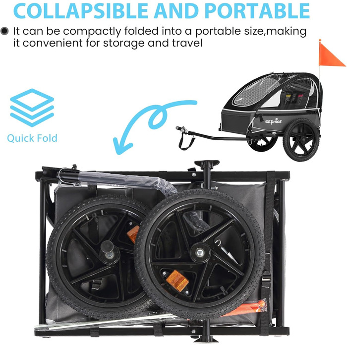 Причіп для велосипеда Sepnine для дітей, на 1 або 2 дітей, від 12 місяців, швидке кріплення, складний, з 5-точковим ременем та кишеньками для зберігання, BT609S-Black