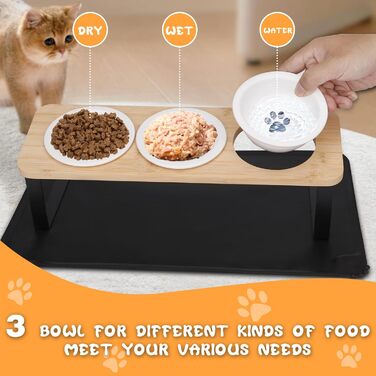 Набір мисок для котів BBWELL Ceramic: 3 шт. з кераміки, похил 15°, антиковзний бамбук, для котів та маленьких собак