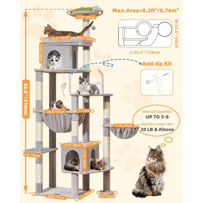 Котячий будиночок Taoqimiao MS032G: великий когтетоп для дорослих котів, XXL, міцний, з 8 стовпчиків для дряпання та великою гамаком (світло-сірий)