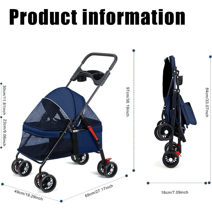 Дитяча коляска для домашніх тварин: маленьких собак та котів, складана переноска з поворотними колесами 360°, подвійна засувка, регульований капюшон 180°, зручна сітка (блакитна)