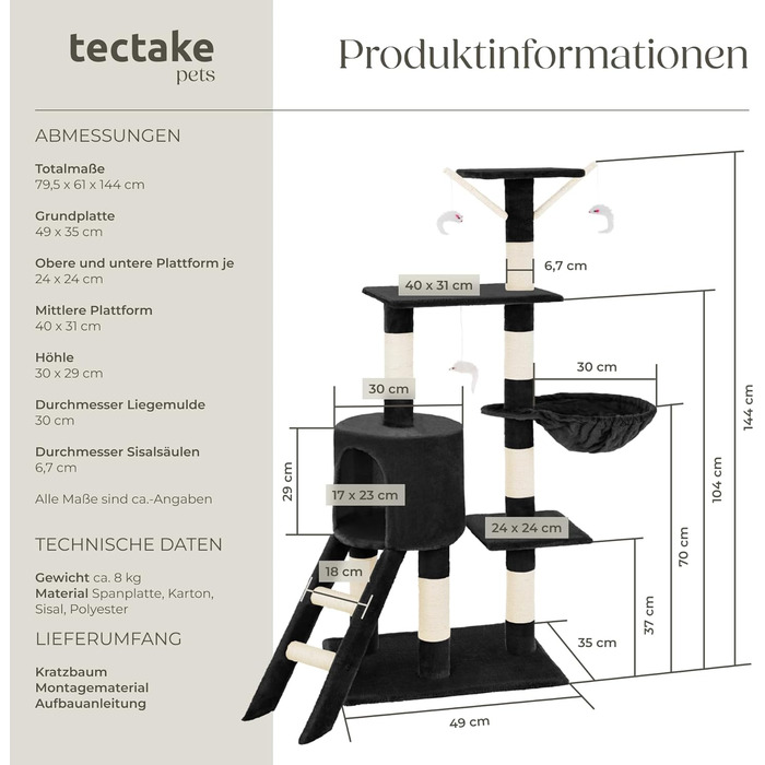 Когтеточка для котів tectake, середня, 144 см, з сизалевими стовпчиками, будиночком, драбинкою та ігровою зоною, чорна