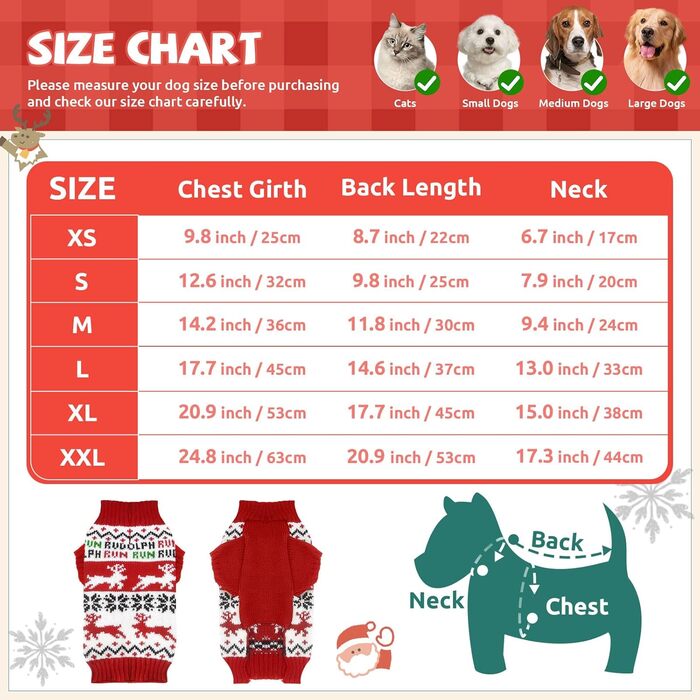 Святочний пуловер для собак, теплий, м'який, осінньо-зимовий, з високим коміром, в'язаний, для цуценят, милий олень, червоний, для собак, на Різдво, з короткими рукавами, (XX-Large, Червоний/Білий)