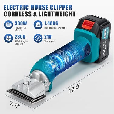 Акумуляторна машинка для стрижки шерсті Anbull: 2 акумулятори, 2800 обертів, для товстого та сплутаного хутра, 6 швидкостей, для коней, овець, кіз (Блакитна)