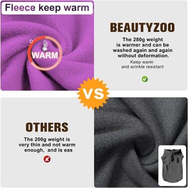 Пуловер для собак BEAUTYZOO з флісу, теплий зимовий пуловер для малих та середніх собак, куртка з D-кільцем, фіолетовий, розмір L (обхват грудей 48.2 см)