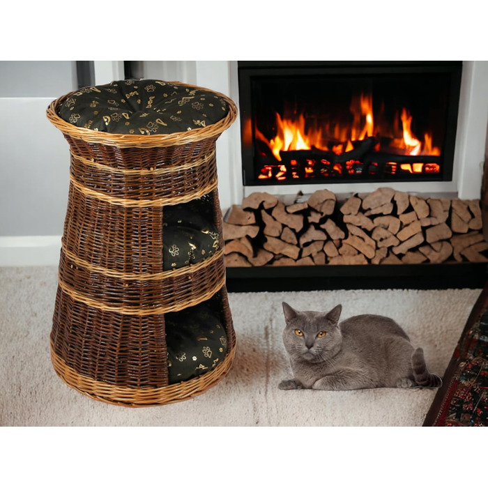 Корзина для котів для сну – котяча хатинка для дому – розмір 43 x 49 x 70 см, кругла – котяча хатинка з лози, трирівневе ліжко для собак або котів з пральним подушками в бежевому кольорі – лакована корзина (подушка темно-коричнева)