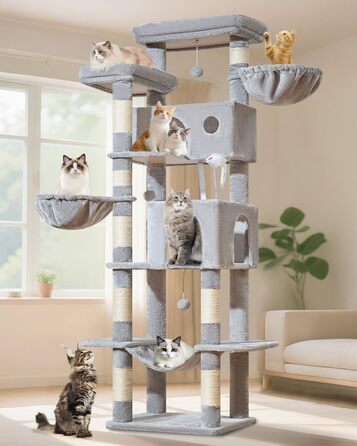 Кігтеточка для котів Taoqimiao 193 см, велика, XXL, з будиночками, гамаком, платформами та 8 стовпчиками для заточування кігтів, сірого кольору MS046W