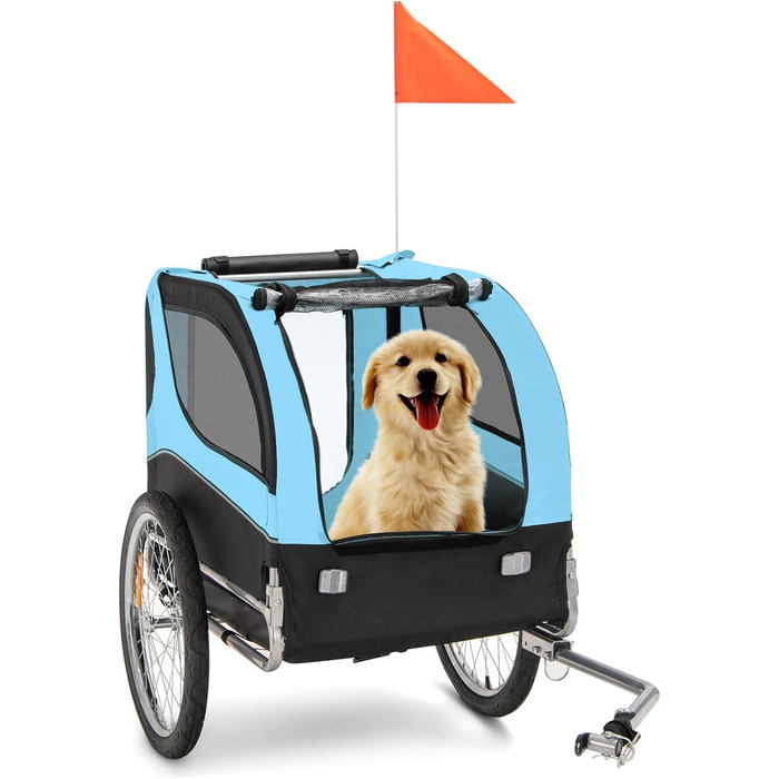 Причіп для велосипеда GYMAX, візок для собак з прапором безпеки, складаний візок для собак до 40 кг, візок для домашніх тварин з універсальними колесами, транспортний візок для собак (Блакитний)