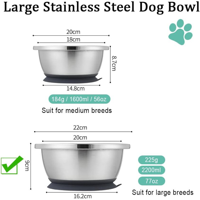 Набори мисок для собак QANIUOS з нержавіючої сталі (2 шт.), неслизькі, об'єм 2200 мл, для великих та середніх собак