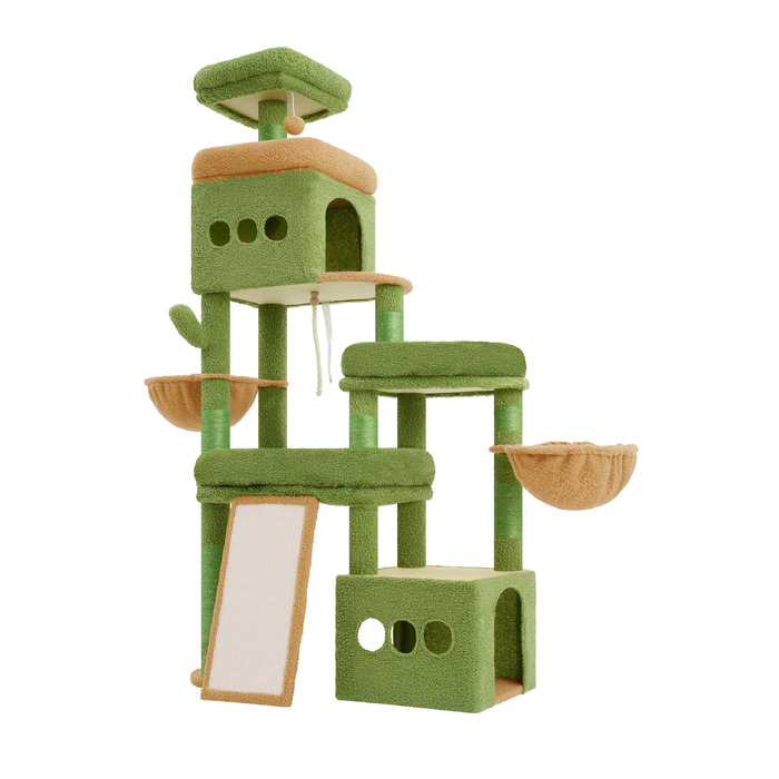 Heybly Kratzbaum HCT060MJ: Великий когтеточка для котів 184 см, 3 рівня, 2 печери, 2 кошики, сизаль, для декількох котів (Зелено-Жовтий)