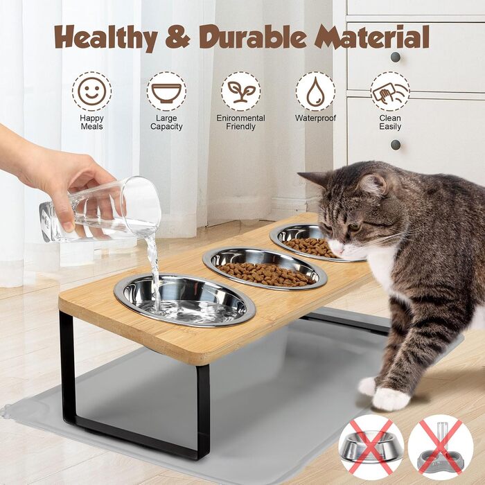 Підвищений годівниця для котів, миска для котів з нержавіючої сталі з підкладкою з силікону, 15° ергономічна станція для годування, миска для собак, годівниця та поїльник для котів та маленьких собак