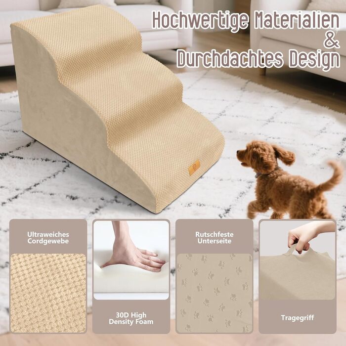 Сходинки для собак, 4 сходинки, знімний поручень, неслизьке покриття, для ліжка та дивану, з високощільним губчастим наповнювачем (3 сходинки, бежевий)