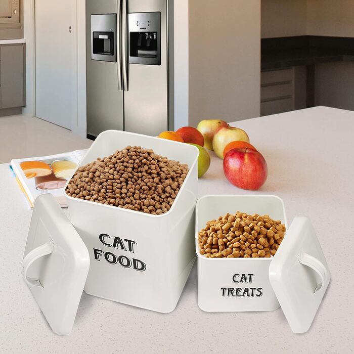 Контейнери для корму Morezi (2 шт.), з вуглецевої сталі, з герметичним кришкою та ложкою, для зберігання корму для собак, котів та інших тварин. Білий колір.