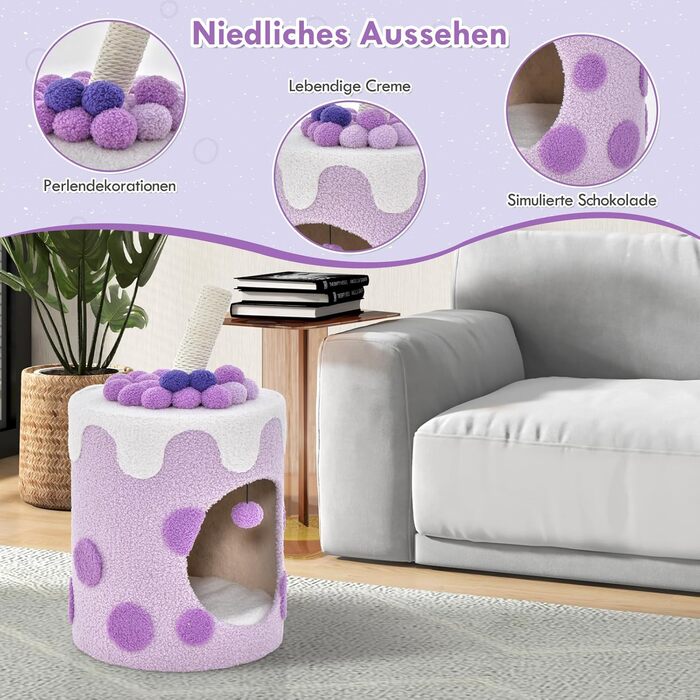 Кігтеточка GYMAX для котів, будиночок-кігтеточка, кігтеточний комплекс з будиночком, іграшками, 37x37x67 см (фіолетовий)