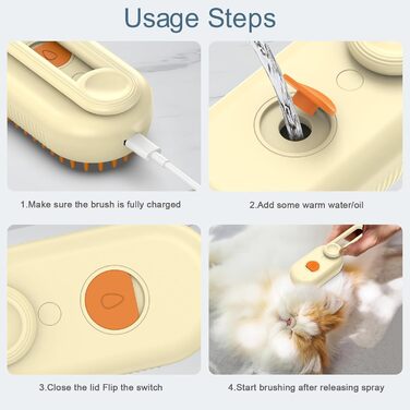 3-в-1 щітка для котів зі спреєм, акумуляторна парова щітка для котів, щітка для догляду за котами та собаками для масажу, видаляє шерсть, обробка помаранчевого кольору