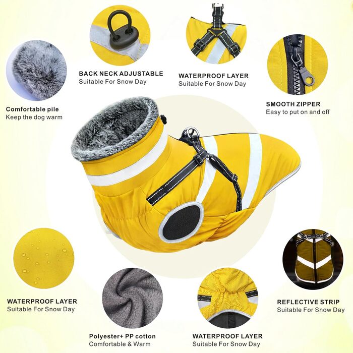 Водонепроникні куртки для собак, зимові теплі куртки для собак, одяг для домашніх тварин з відбиваючими елементами, куртки для собак у холодну погоду, затишні костюми для снігу, куртки та жилети для собак маленьких, середніх та великих порід (жовтий, 5XL)