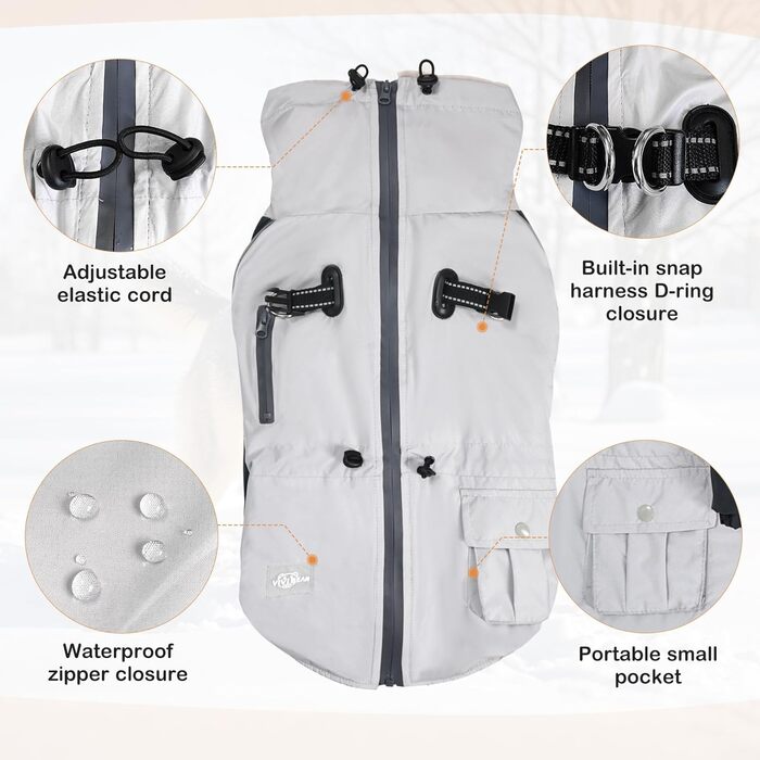 Водонепроникна куртка для собак, костюм від снігу, теплий плащовий жилет з нагрудником для середніх та великих собак (Сірий, L)