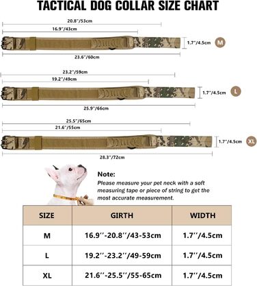 Тактичне нашийник для собак з ручкою та поводок, військовий нашийник з м'якою підкладкою з нейлону, регульований нашийник для середніх та великих собак (M, камуфляж)