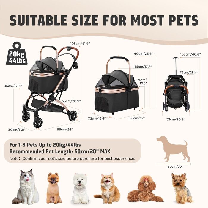 Трансформер для котів та собак Gimars до 20 кг, чорний: візок-переноска, 4-в-1, з гальмом, регульована ручка, дощовик