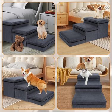 Сходинки для собак з місцем для зберігання, 2 сходинки, складані, широка пандус для домашніх тварин, неслизькі сходи для собак, драбина для домашніх тварин, сходи для собак та котів маленьких та великих порід, темно-сірий 60×40×30 (квадрат)