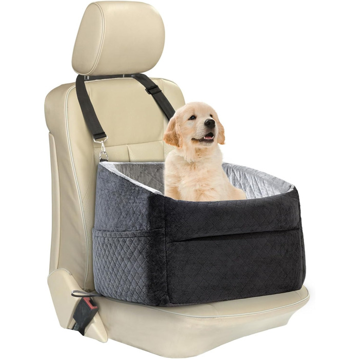 Автокрісло для собак - оновлена версія, Memory Foam, сірий колір, для малих та середніх собак до 15,9 кг, з безпечною шнуркою, знімне та миється