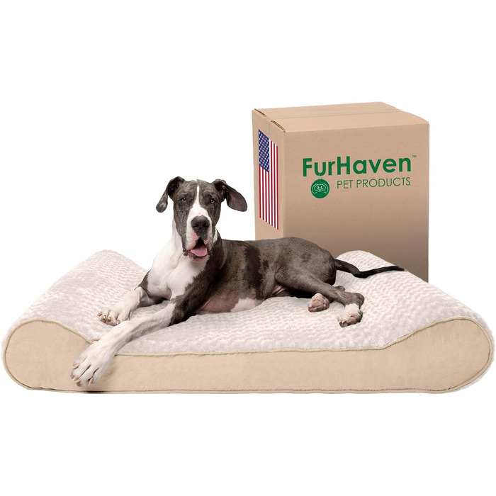 FurHaven Ортопедичне ліжко для собак великих порід знімний, пральний чохол, для собак до 81,6 кг, ультрам'яке штучне хутро та велюр, розкішна лежанка, кремовий колір, розмір 147 x 107 x 23 см