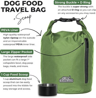 Сумка для корму для собак Callieco з мірною ложкою та кишенею на блискавці, водонепроникний контейнер для дому, подорожей, кемпінгу, перельоту та іншого (Зелений, 32 порції)